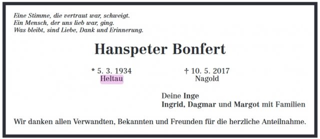 Bonfert Hanspeter 1934-2017 Todesanzeige